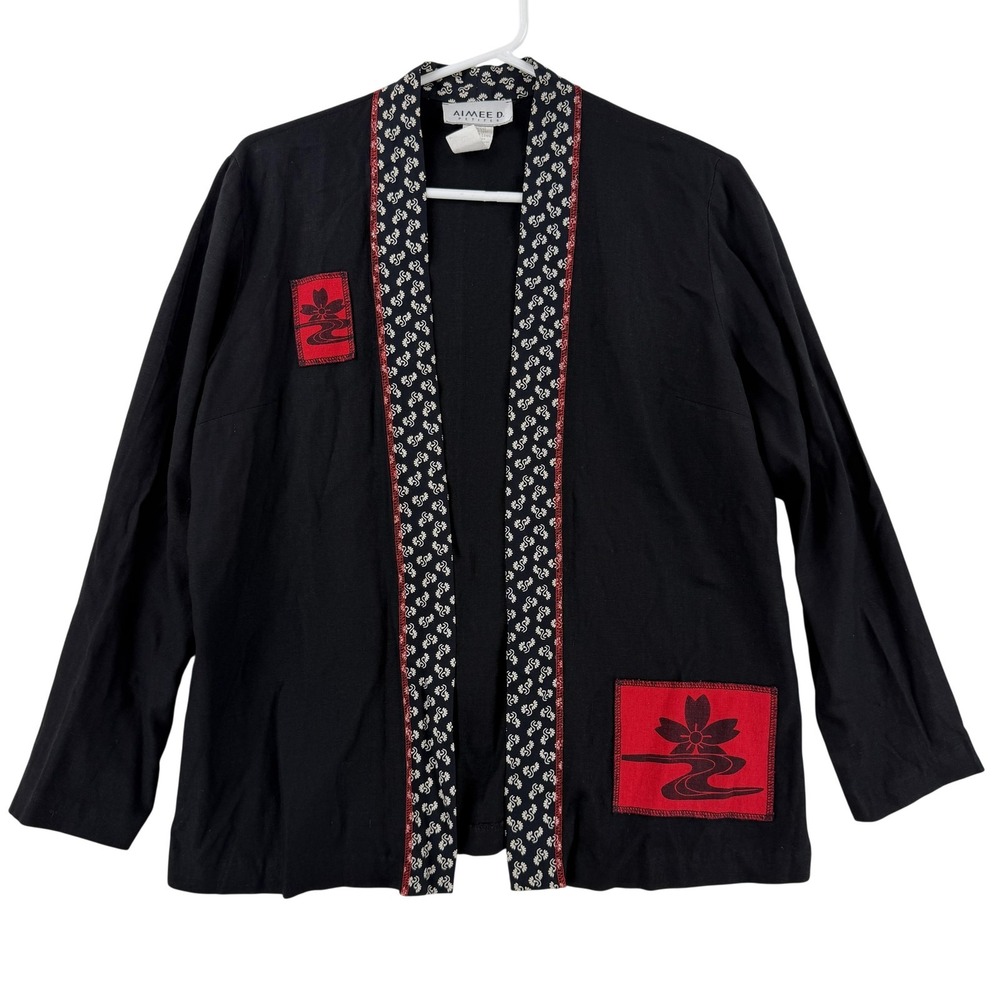 Aimee D. Hawaii Jacket Womens Petite Black Linen Blend Kimono Floral Open Front